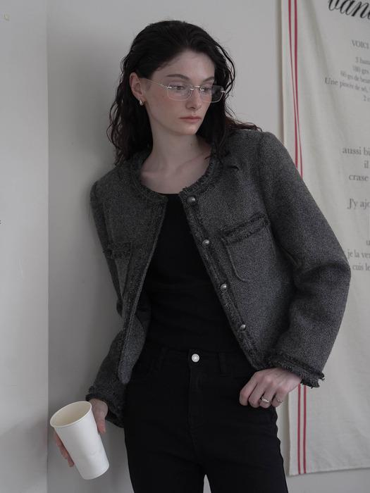 Fringe Trimming Tweed Jacket [Charcoal]