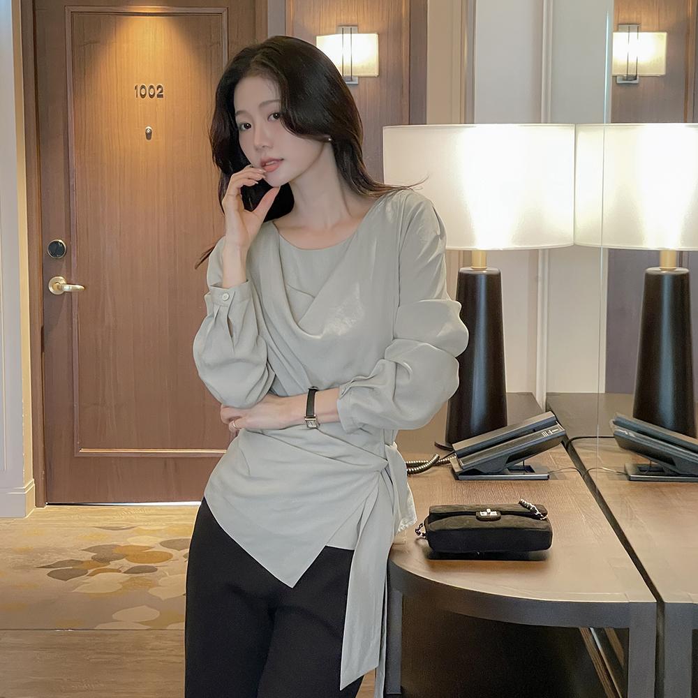 루나 셔링 랩 매듭 블라우스