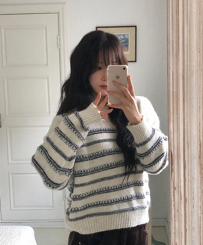 니어웨어 [⛄겨울신상] 스프 스트라이프 니트 (4color)/줄무늬니트/단가라니트/스트라이프니트/배색카라니트/