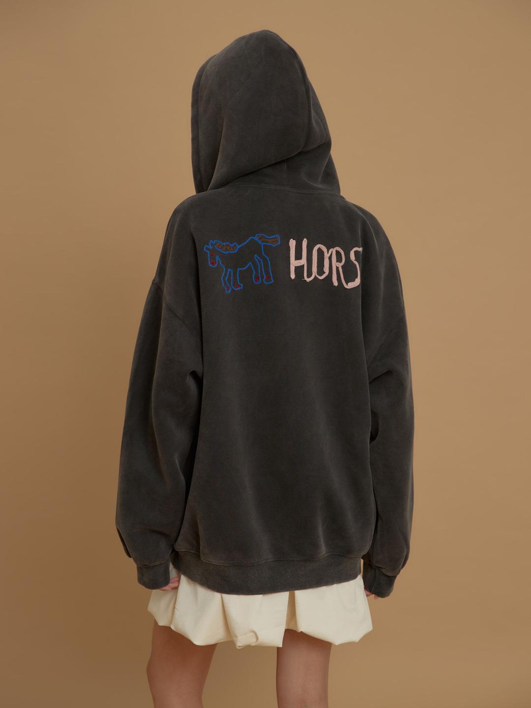 Little Horse Dream Two-Way Zip Up Hoodie  Dark Gray