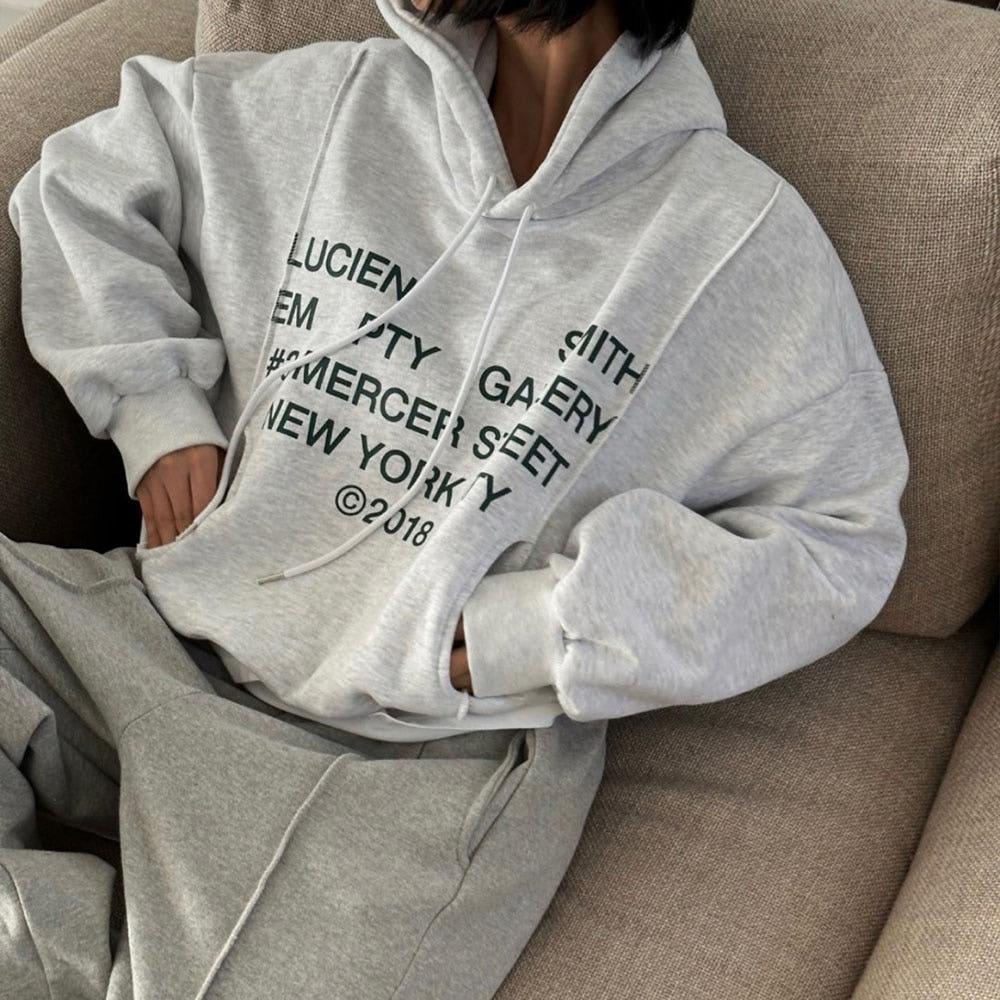 뉴욕 기모 후드 맨투맨 티 셔츠 여성 트레이닝 루즈핏 레터링
