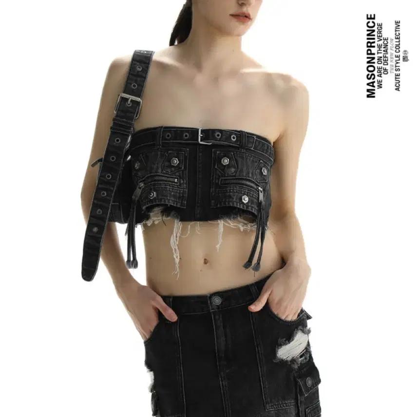 MASONPRINCE 메이슨프린스 데님 튜브탑 벨티드 숏 브라탑 (블랙)
