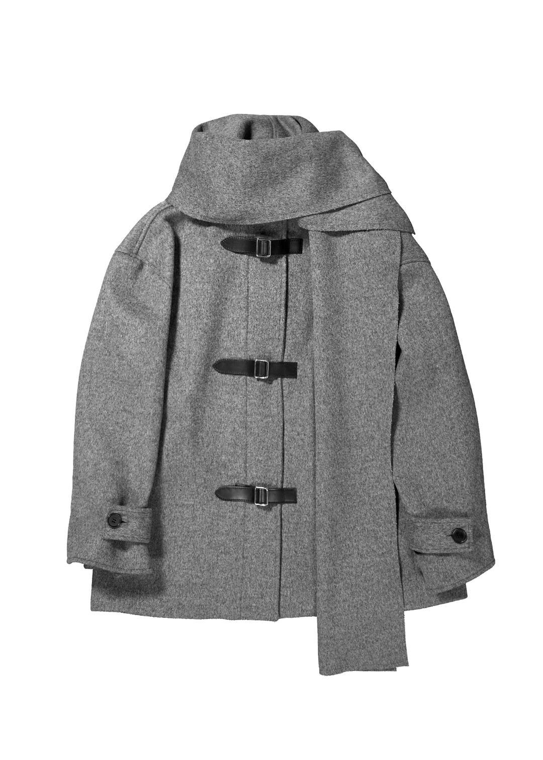 BELTED SCARF HEAVY WOOL COAT - GREY