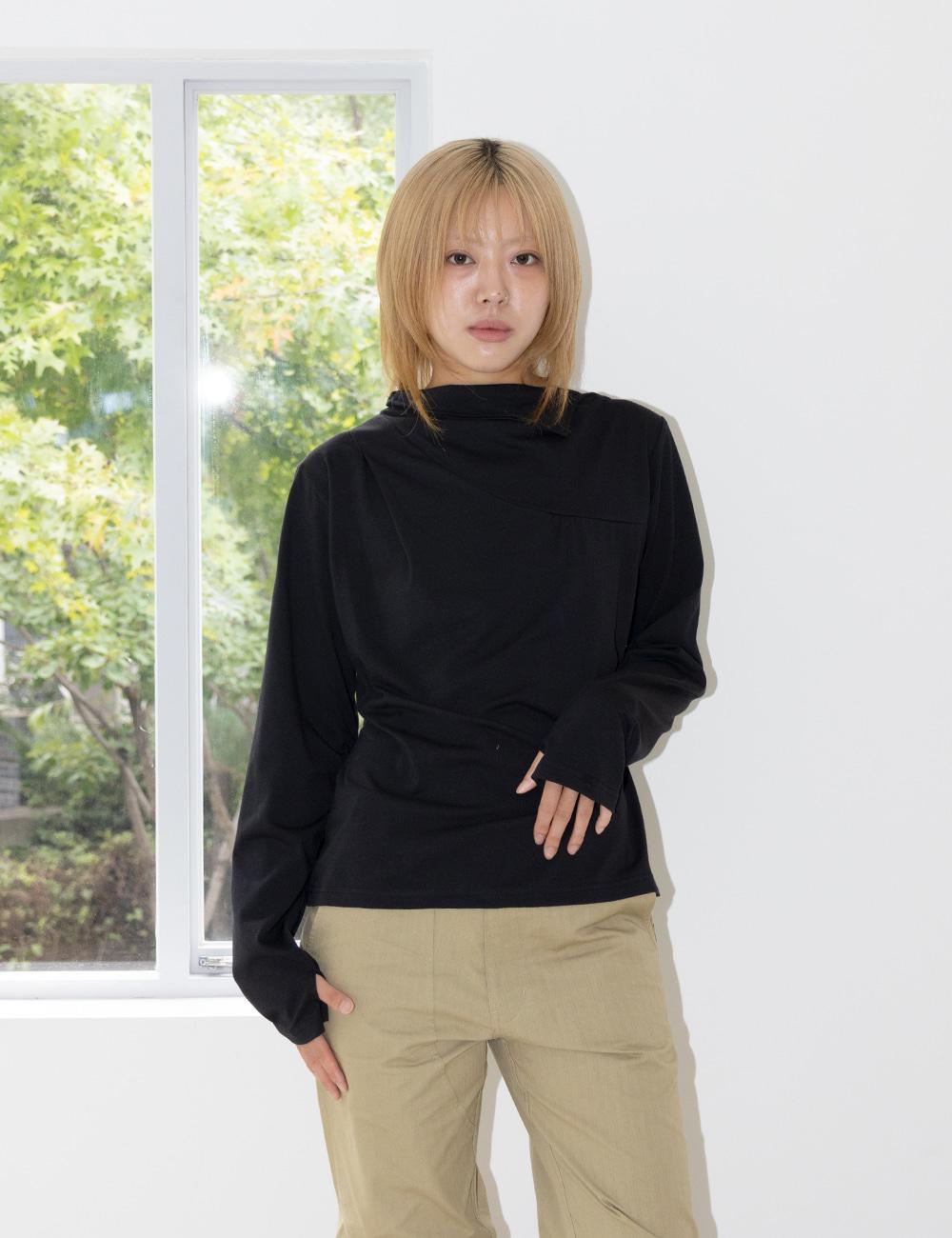 Button Drape Jersey Long Sleeve in Black