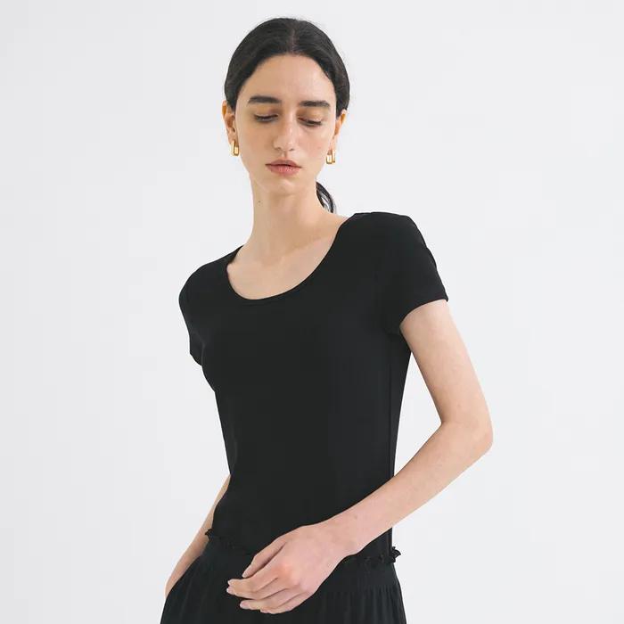 SITP5201 레트로 U넥 슬림 반팔티_Black