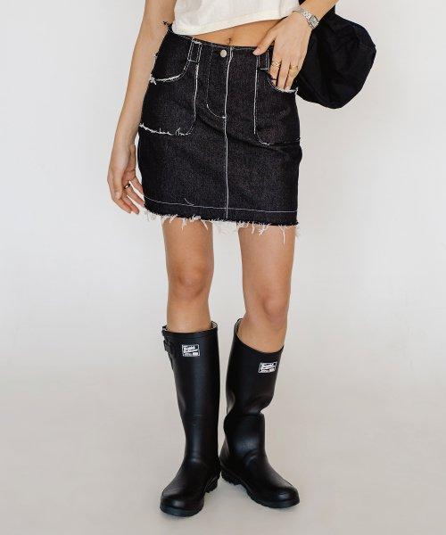 컷 오프 데님 스커트-블랙