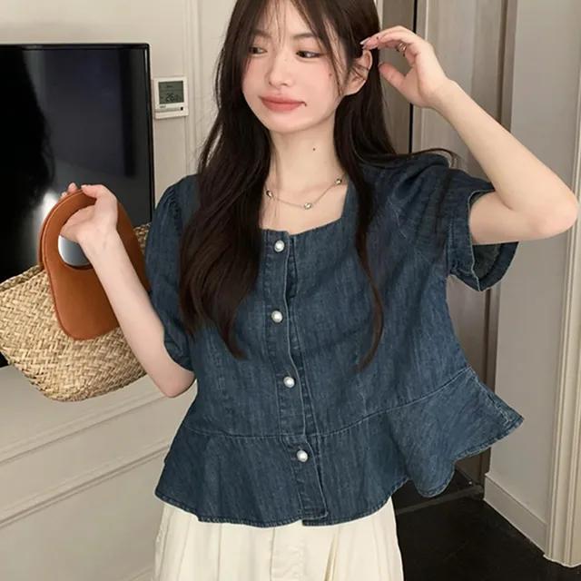 토린 진주 버튼 청 데님 블라우스