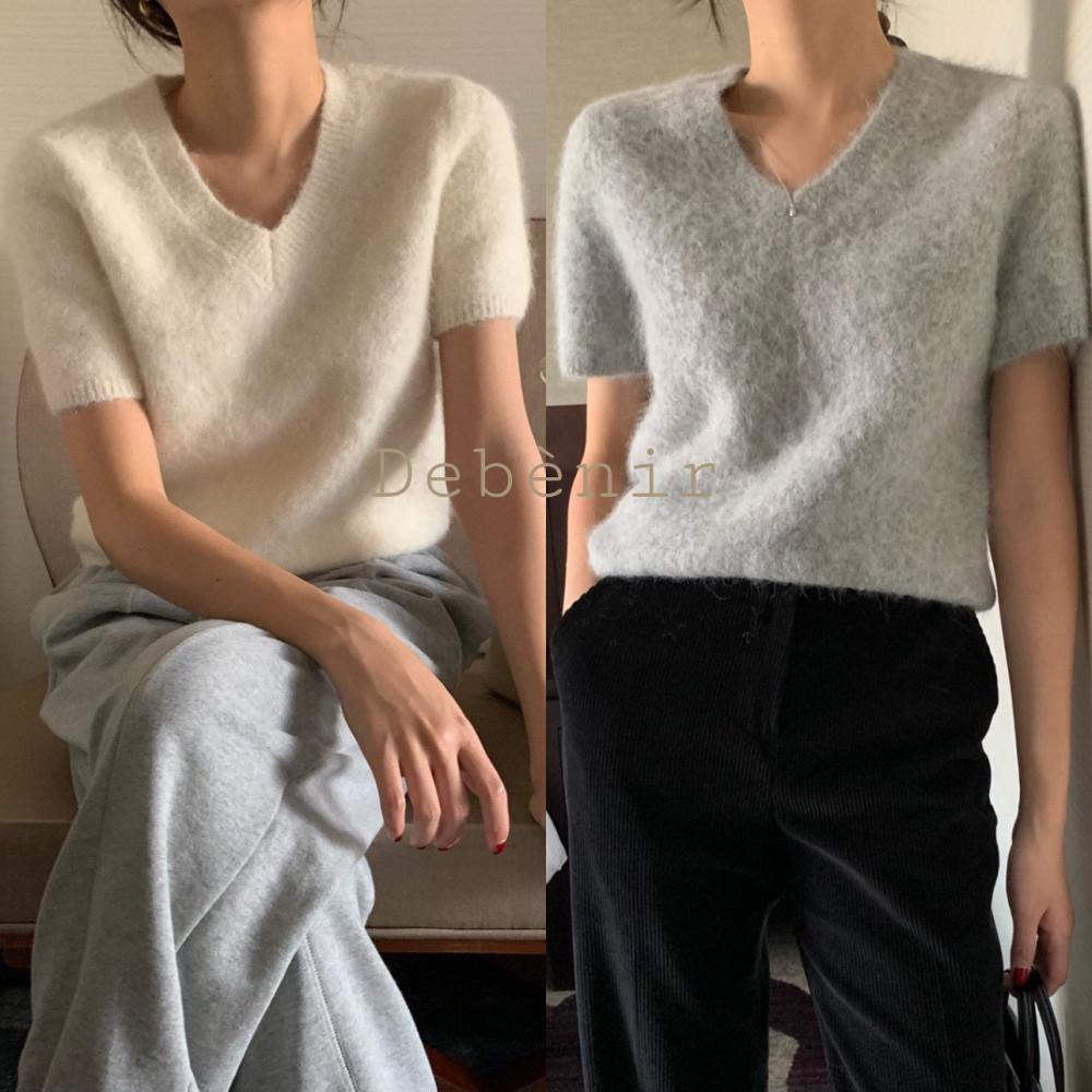 당일 모아니 메리 알파카 반팔 니트 브이넥 3color