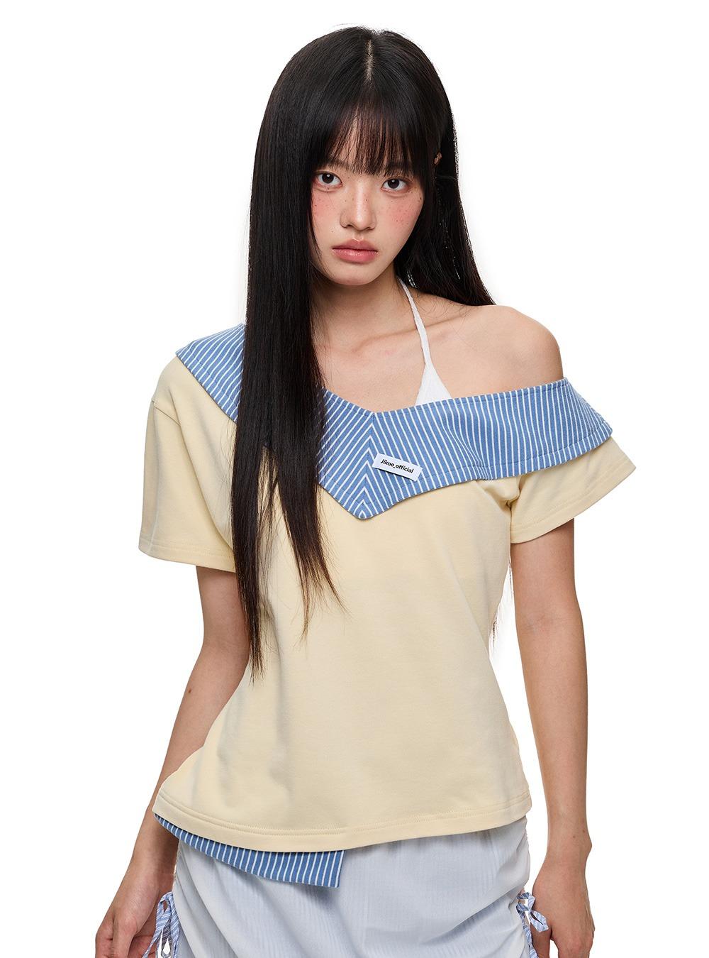 Deep V-Neck Striped Layered Tee