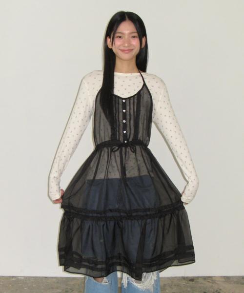 HEART BUTTON SHEER LAYERED DRESS BLACK