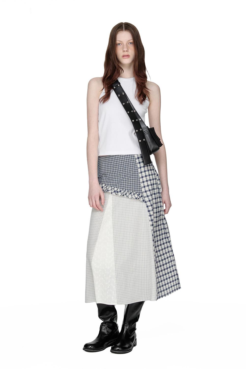 Mixed Check Long Skirt, NAVY