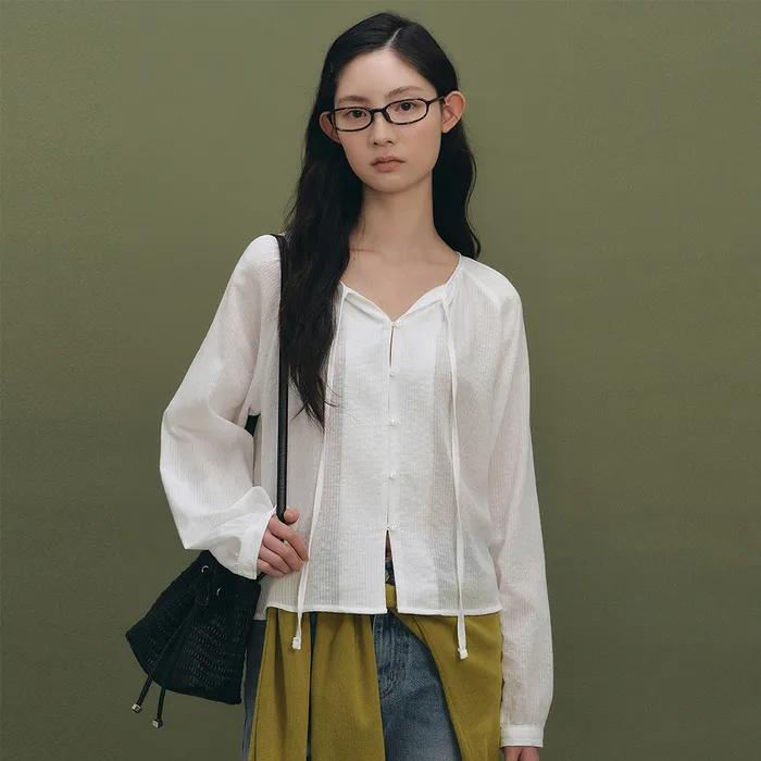 셔링 스트링 블라우스 - 화이트