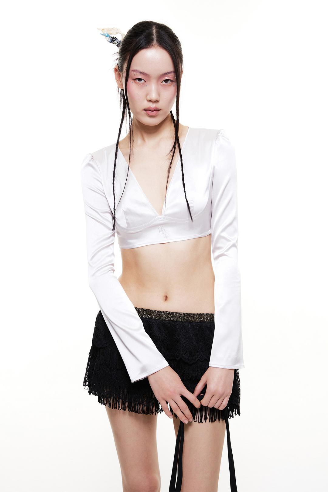 SATIN V-NECK BLOUSE LIGHT GRAY