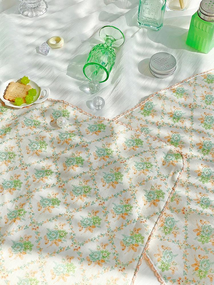 프란로즈 연두살구 키친클로스 거즈 손수건 오렌지 살구 스티치 자체제작 무니무니 플라워 패턴 꽃무늬 테이블매트 식탁매트 홈카페 다용도덮개