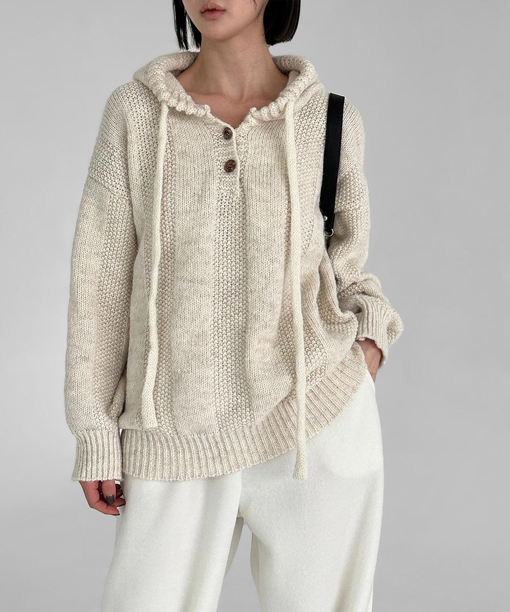 업타임 보브 버튼 울 후드 니트