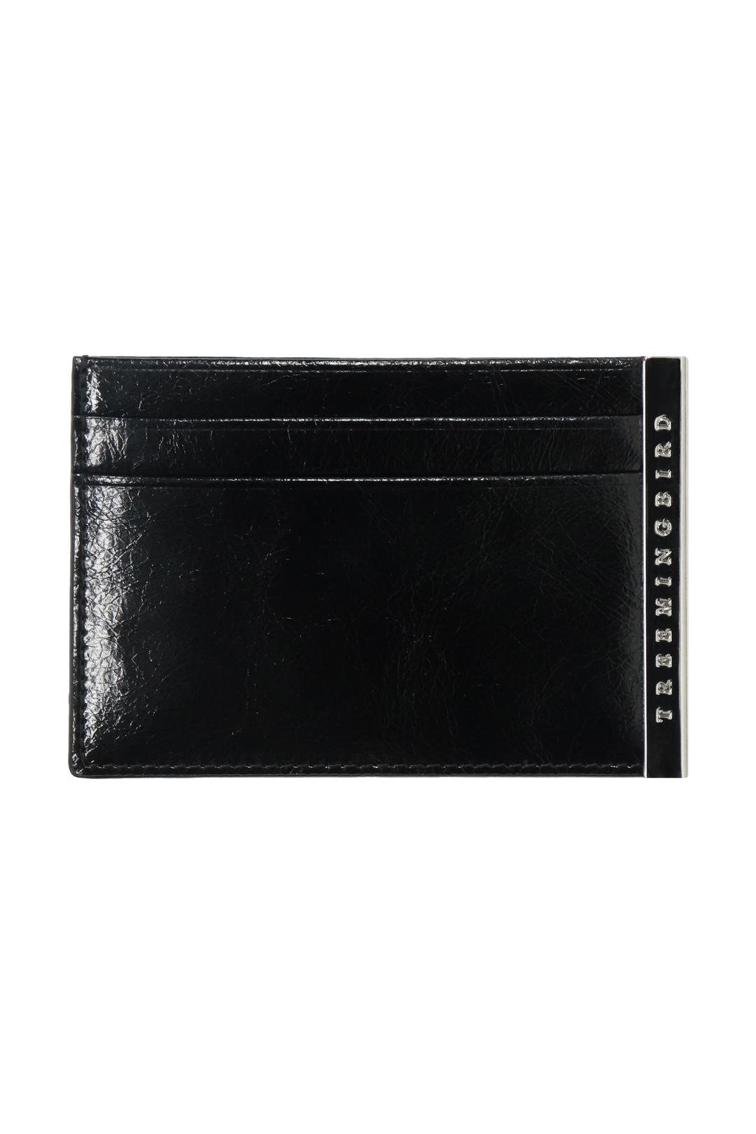Slim Metal Bar Cowhide Leather Card Wallet [ Black ]