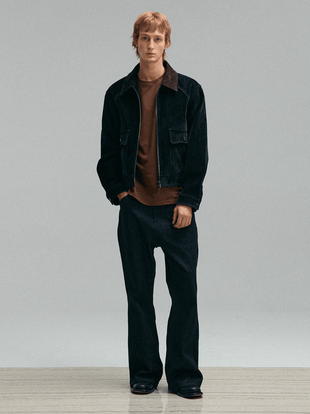 SUEDE COLLAR VELVET DENIM CROPPED JACKET
