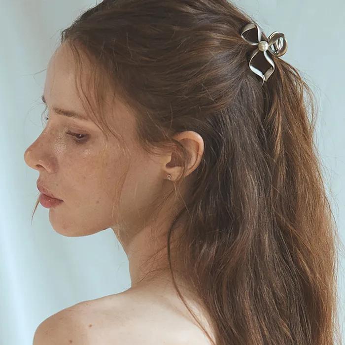 [선물포장]Mini pearl crumpled ribbon hair claw clip_6 colors