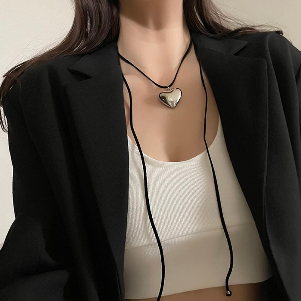 무배 볼드 통통 하트 펜던트 스웨이드 블랙 끈 목걸이 2컬러 핑크