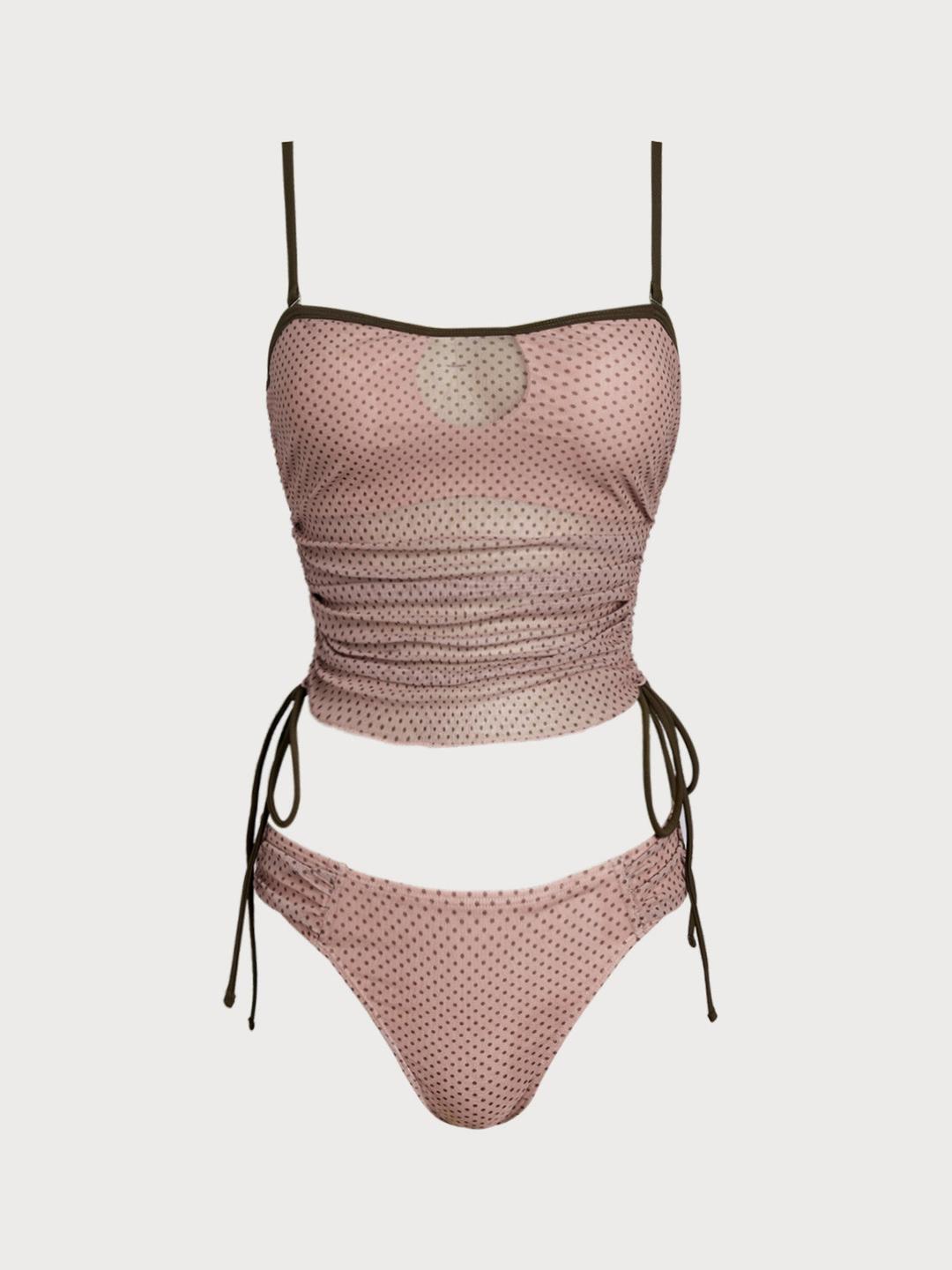 Bean Pink Polka Dot Contrast Tankini Set