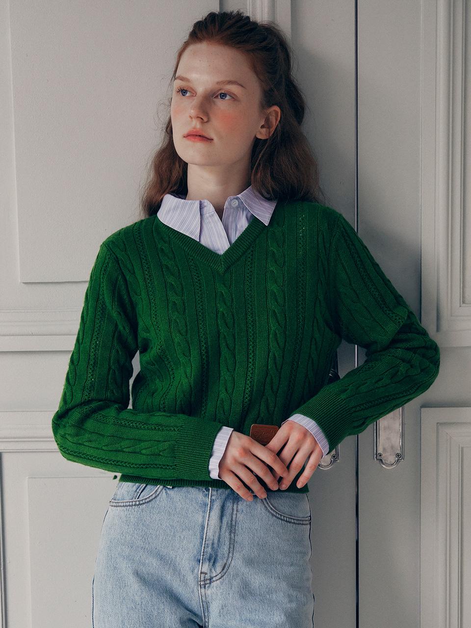 V NECK CABLE LABEL KNIT GREEN