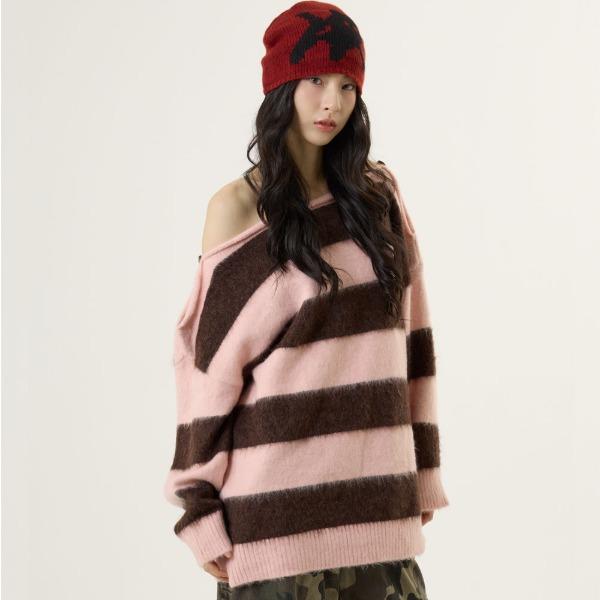오프 숄더 모헤어 스트라이프 니트 핑크-브라운