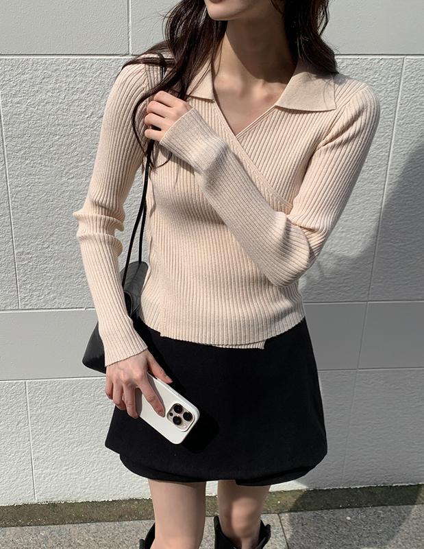 모어렌 [made/카라추가/2만장돌파] #MADE [tnt0434] 소냐 골지 랩 니트(반팔/긴팔/카라Ver.)(언발니트,브이넥니트,랩니트,카라니트,간절기니트,슬림핏)