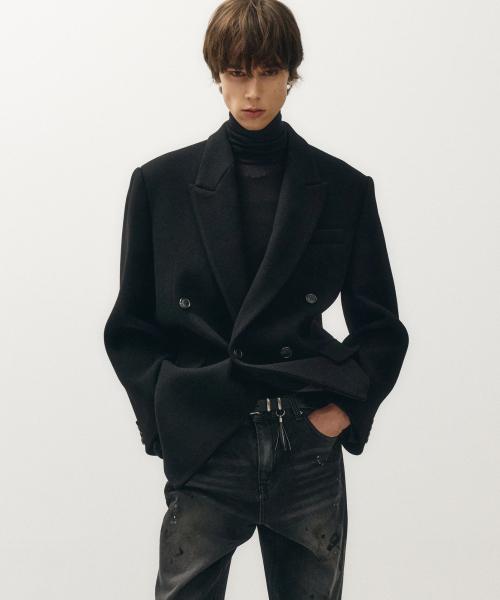 헤비 울 더블 브레스티드 하프 코트 (블랙)