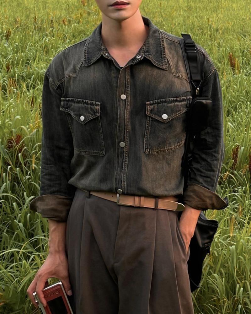 Mine Western Denim ST,남자 봄 가을 웨스턴 빈티지 워싱 레트로 데님 긴팔 셔츠 남방