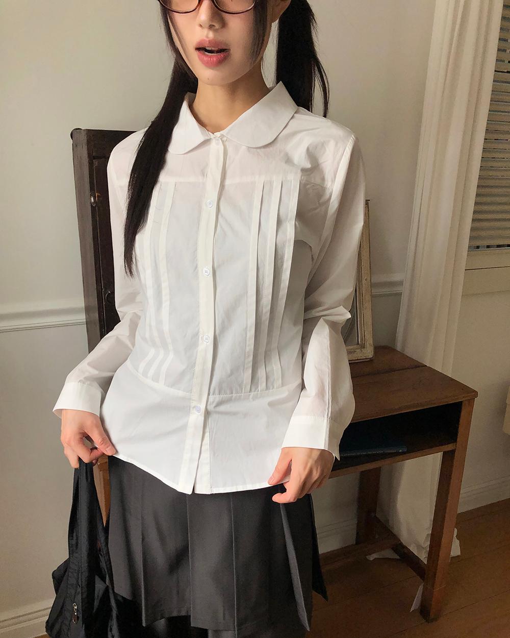 원더원더 [MADE/핏보장💕] 후피 핀턱 버튼 브이넥 카라 긴팔 셔츠