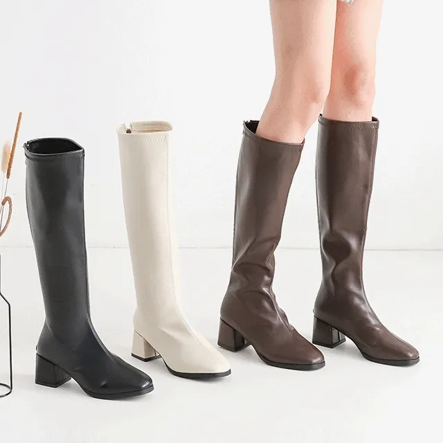 폭신 스퀘어 레더 통굽 롱부츠(5cm)-2478