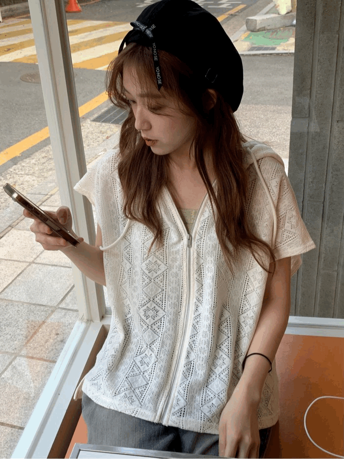 [unisex/오버핏] 다트 펀칭 여름 니트 조끼 후드집업