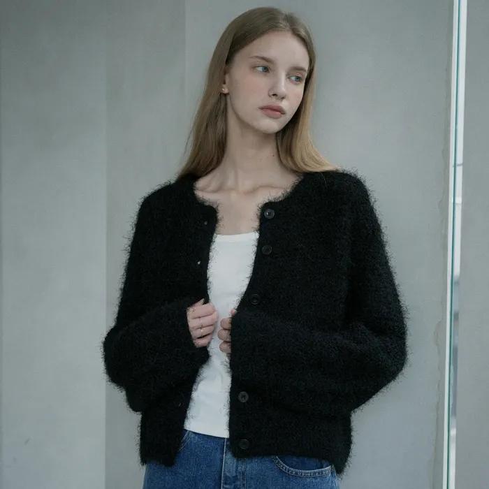 Boucle Round Knit Cardigan (black)