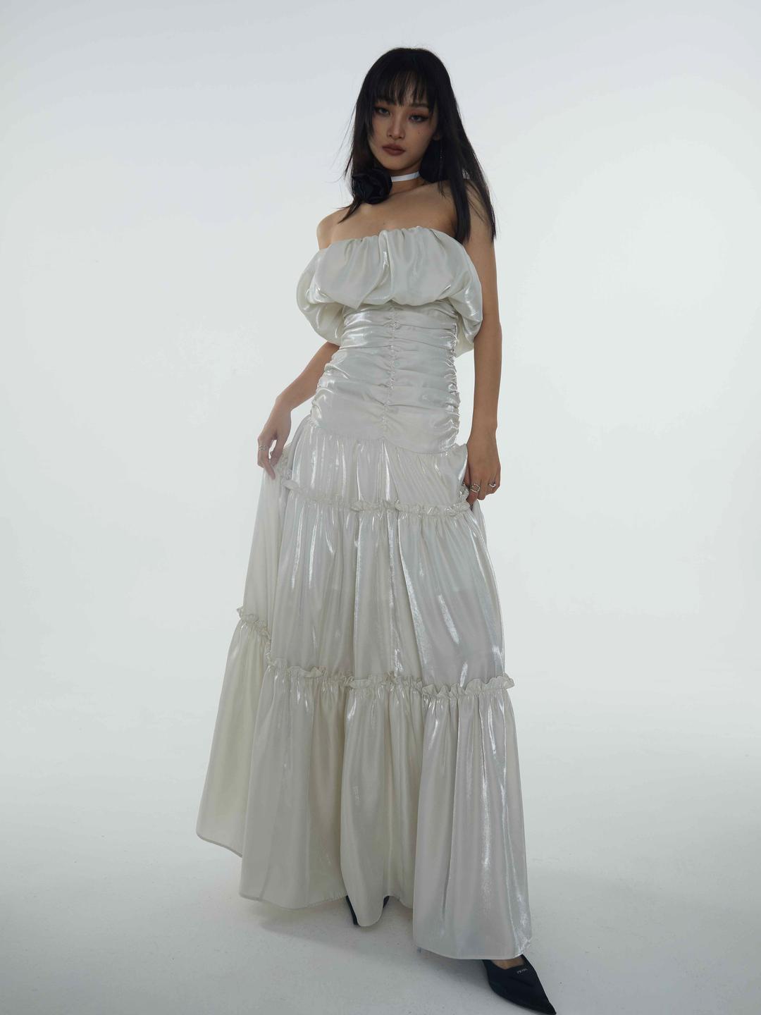 주름 장식 큰 스윙 슈퍼 긴 요정 오프 숄더 드레스