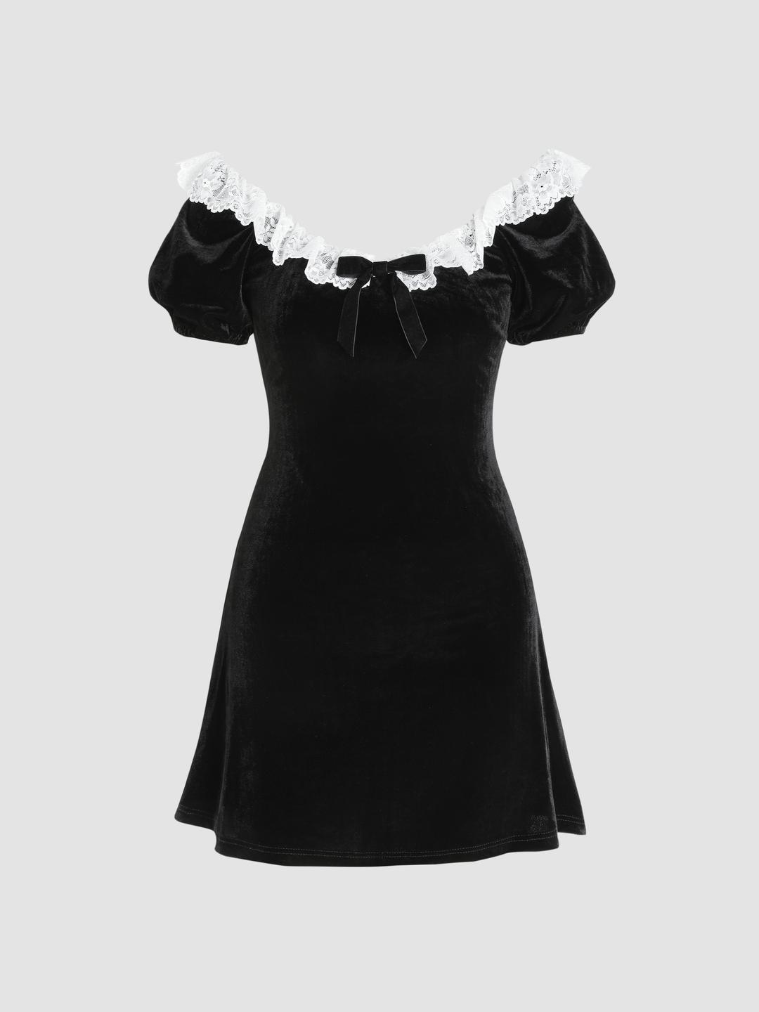 Velvet V-neck Lace Trim Bowknot Mini Dress