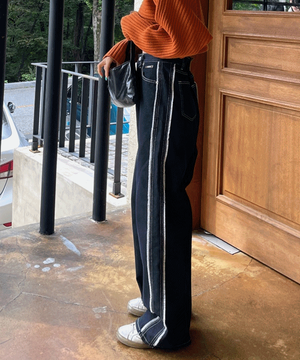 [유니크데님팬츠☃]펜네 배색라인 테슬 와이드 데님 팬츠