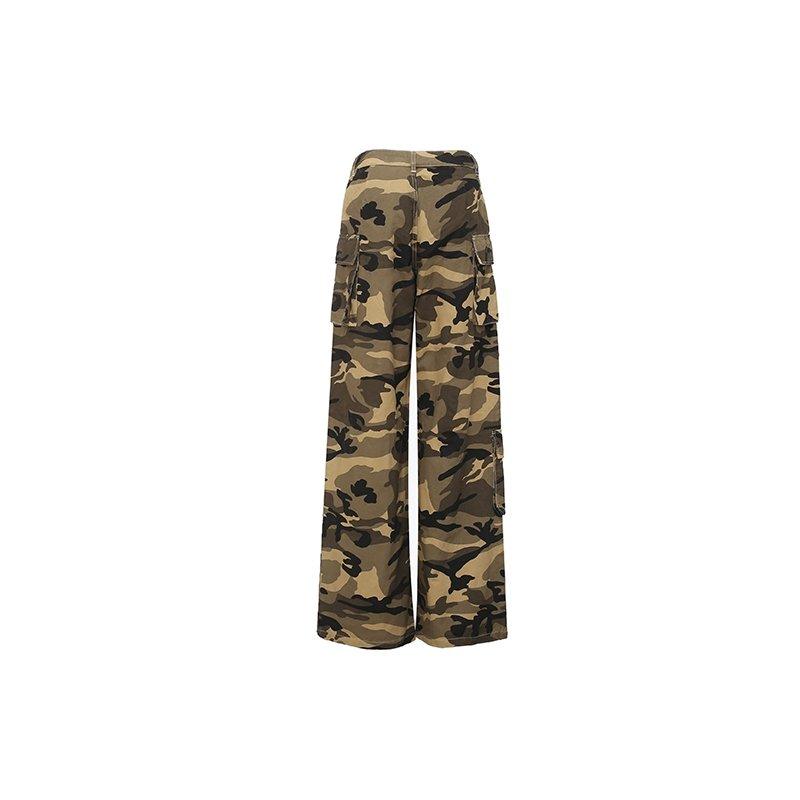 Multi-Pocket Wide-Leg Camouflage Pants - 34
