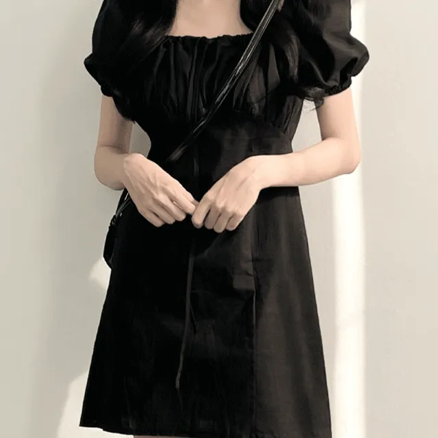 [여친룩/여리핏] 퍼프 스퀘어넥 린넨 반팔 미니 원피스 3color