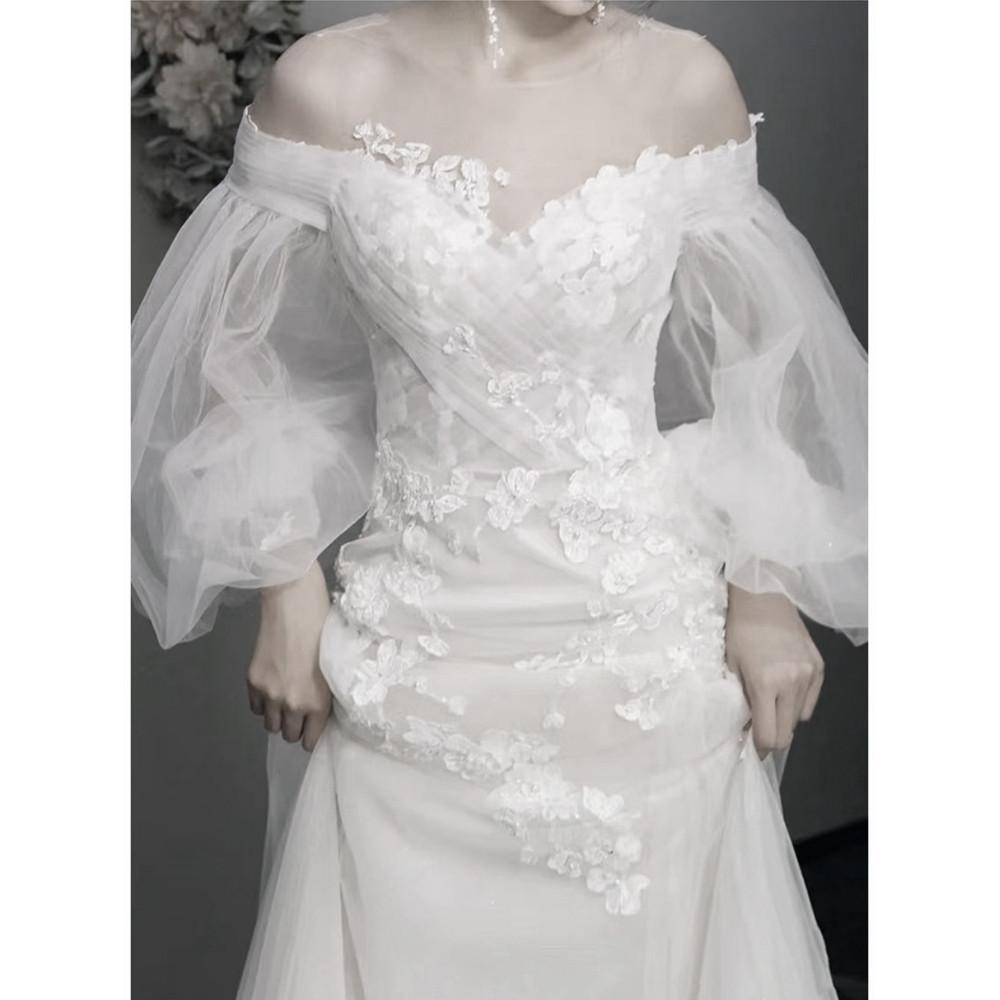 2부 스몰 셀프 연예인 웨딩 촬영 긴팔 레이스 롱 드레스 새틴 체형별 구매 wsd485