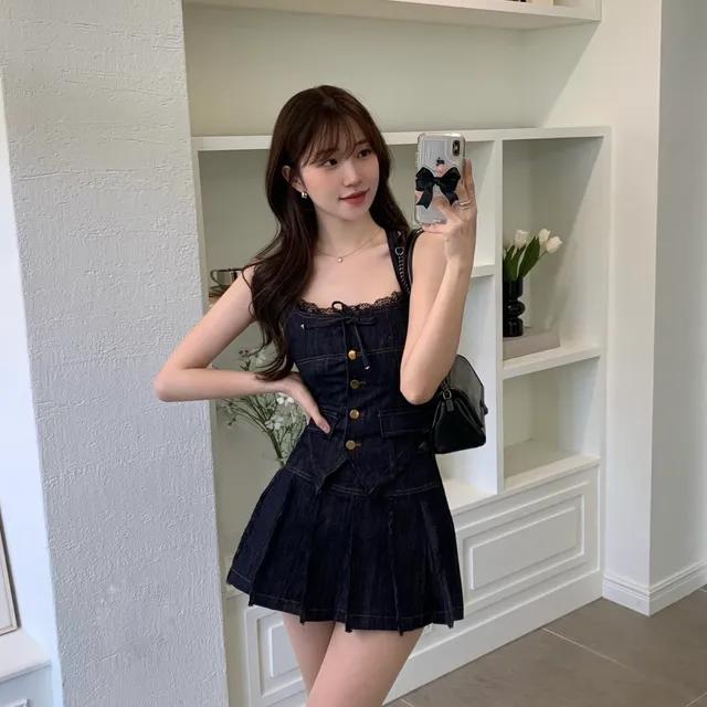 [ SET/ 키작녀추천დ] 엘렌 하이틴 청 투피스 데님 셋업 y2k