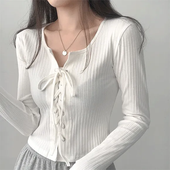 [진짜예뻐요] 여리골지 아일렛 크롭 긴팔 티셔츠