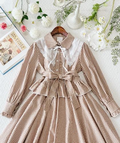 샌디 베이지체크 블라우스 스커트 세트