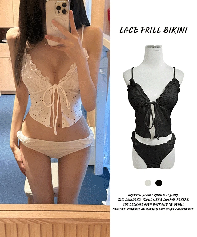 [2pcs/페미닌] 비스 프릴 리본 펀칭 스모크 밴딩 비치웨어 비키니