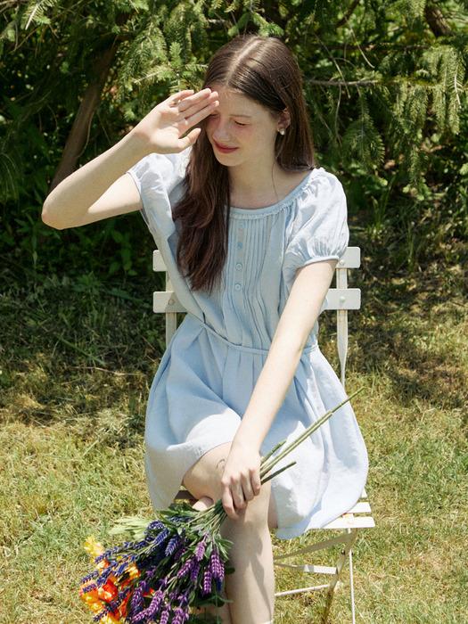 Front pintuck vintage lace mini dress - blue