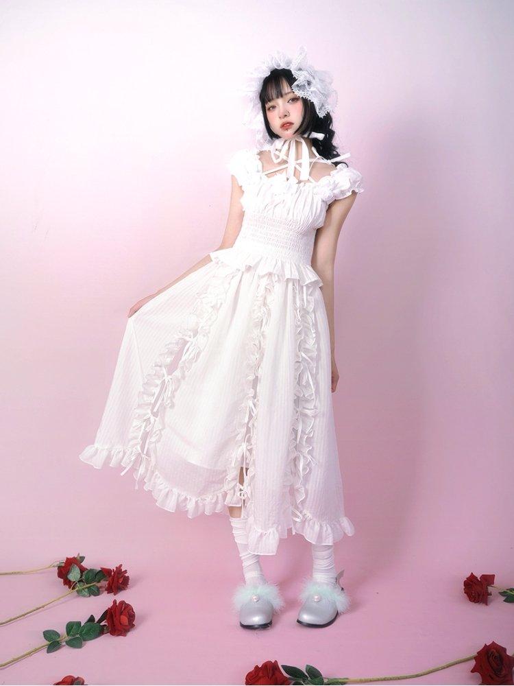 Lace strap bow petal elastic princess long skirt【s0000001114】