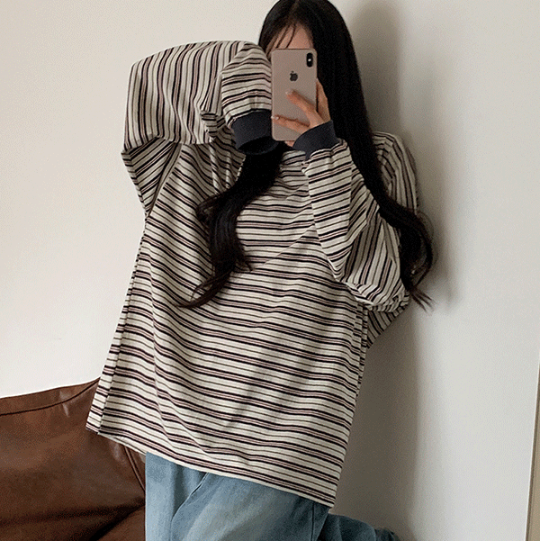 하겐 박시핏 단가라 긴팔 티셔츠 - t (남녀공용,오버핏,빅사이즈,통통,66-77,가을신상,간절기,가을옷,힙한,스트릿) [무료배송]