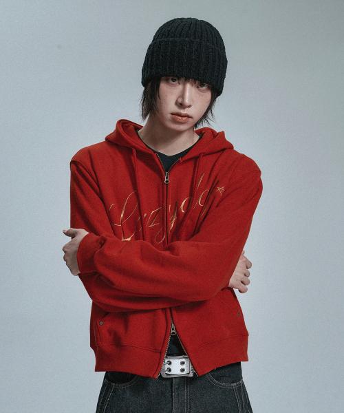 커시브 크롭 후드집업 - 레드