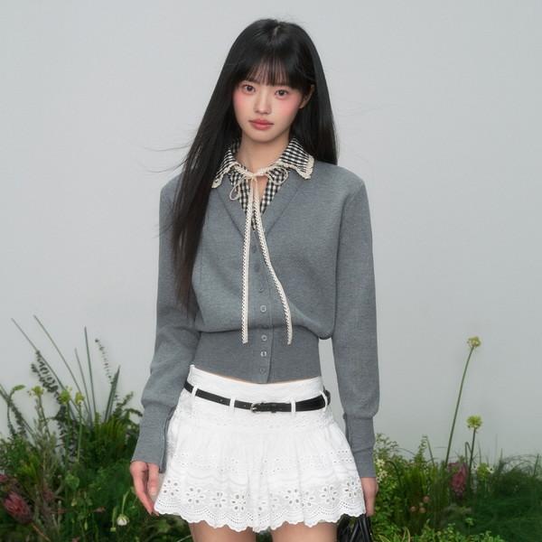 Fake 2-Piece Checkered Collar Grey Cardigan
