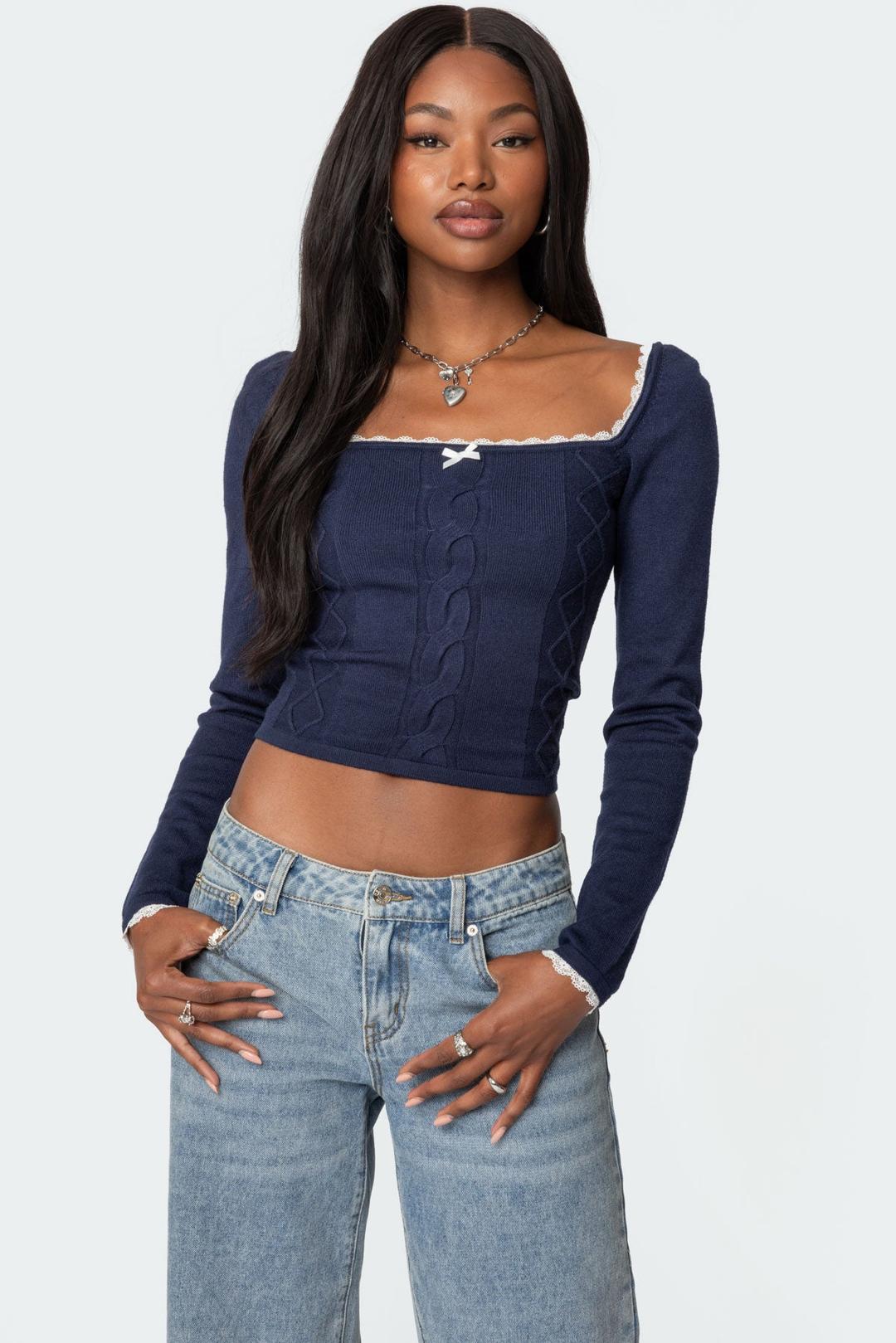 Ansley Lacey Cable Knit Top - NAVY / XS