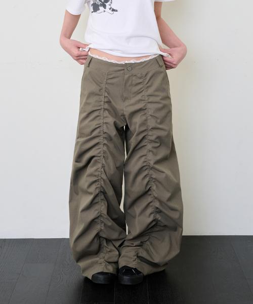 LACE LAYERED WIDE PANTS - KHAKI